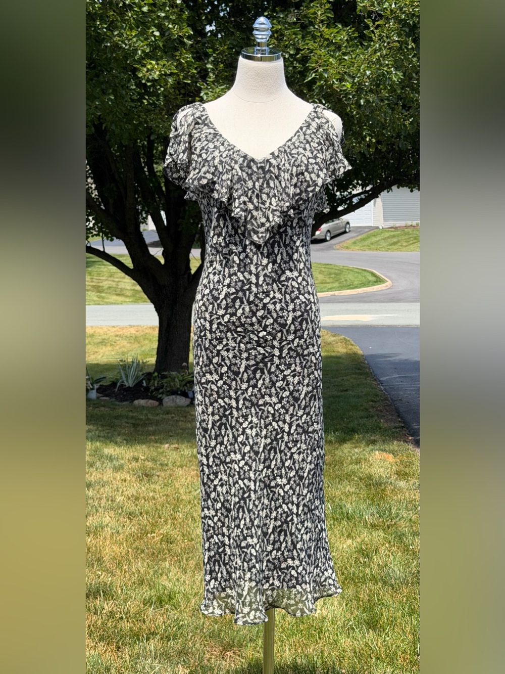 90s Silk Floral Midi Dress Whimsigoth Fairycore Ethereal Ruffle Petite 12P